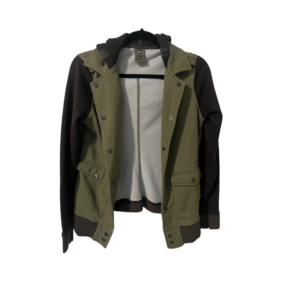 REI Jacket Hooded Black Green Outdoor Hiking Women Size XS - Picture 6 of 13